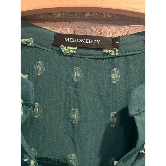 Merokeety Womens Green Swiss Dot Flutter Sleeve Top Size L - Picture 3 of 7